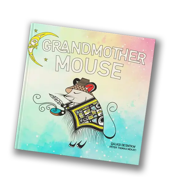 Colorful children's book cover reading 'Grandmother Mouse' with a smiling mouse in a patterned shawl and hat against a pastel gradient background.